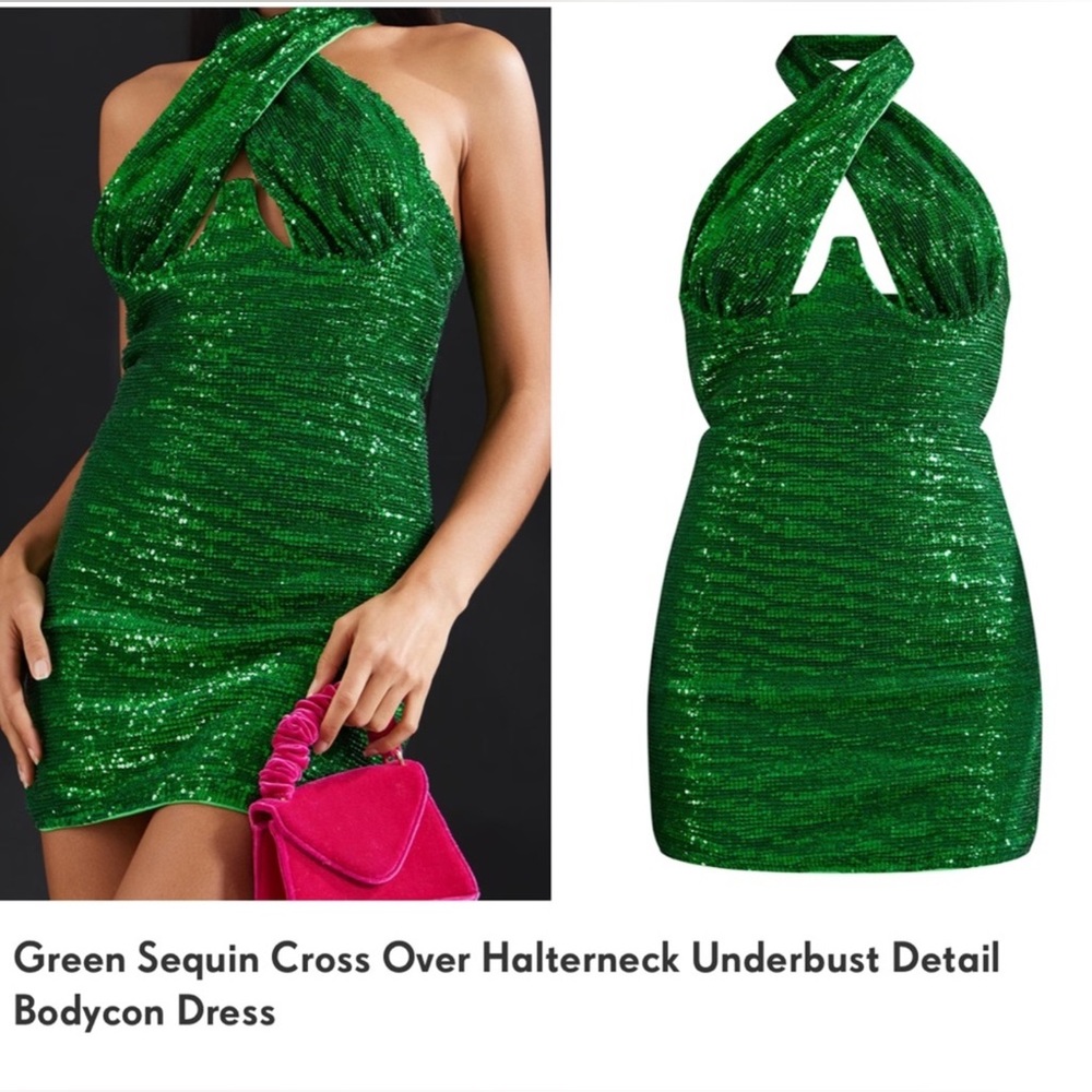 PrettyLittleThing green sequin halter dress